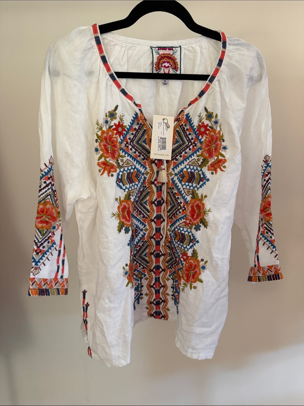 Johnny Was White Tunic with Multicolor Floral Embroidery